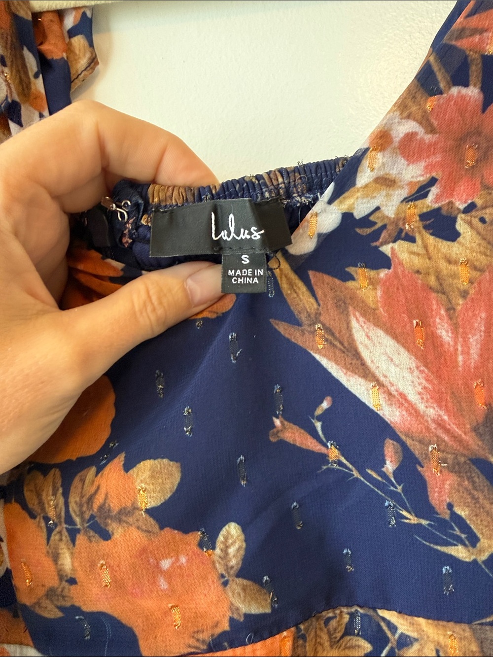 Lulu's Navy Floral High-Low Midi Dress with Rust & Cream Accents - Picture 7 of 7